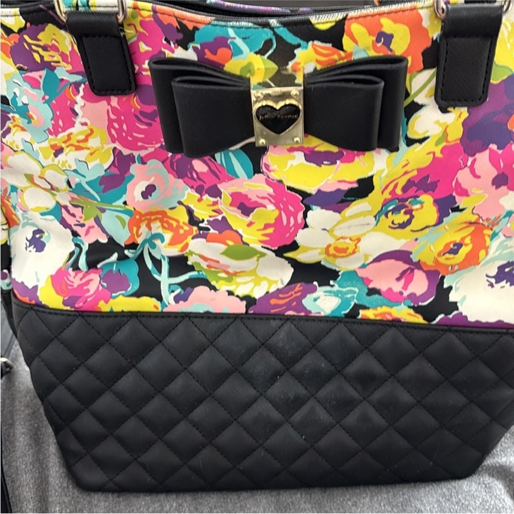 Betsey Johnson whimsical bright floral tote bag with removable shoulder strap